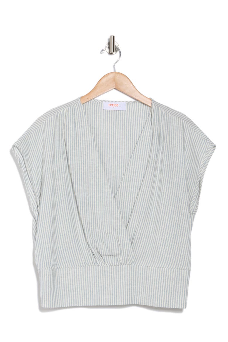 Stripe Cap Sleeve Smocked Waist Linen Blend Top, Alternate, color, BLUE/ IVORY