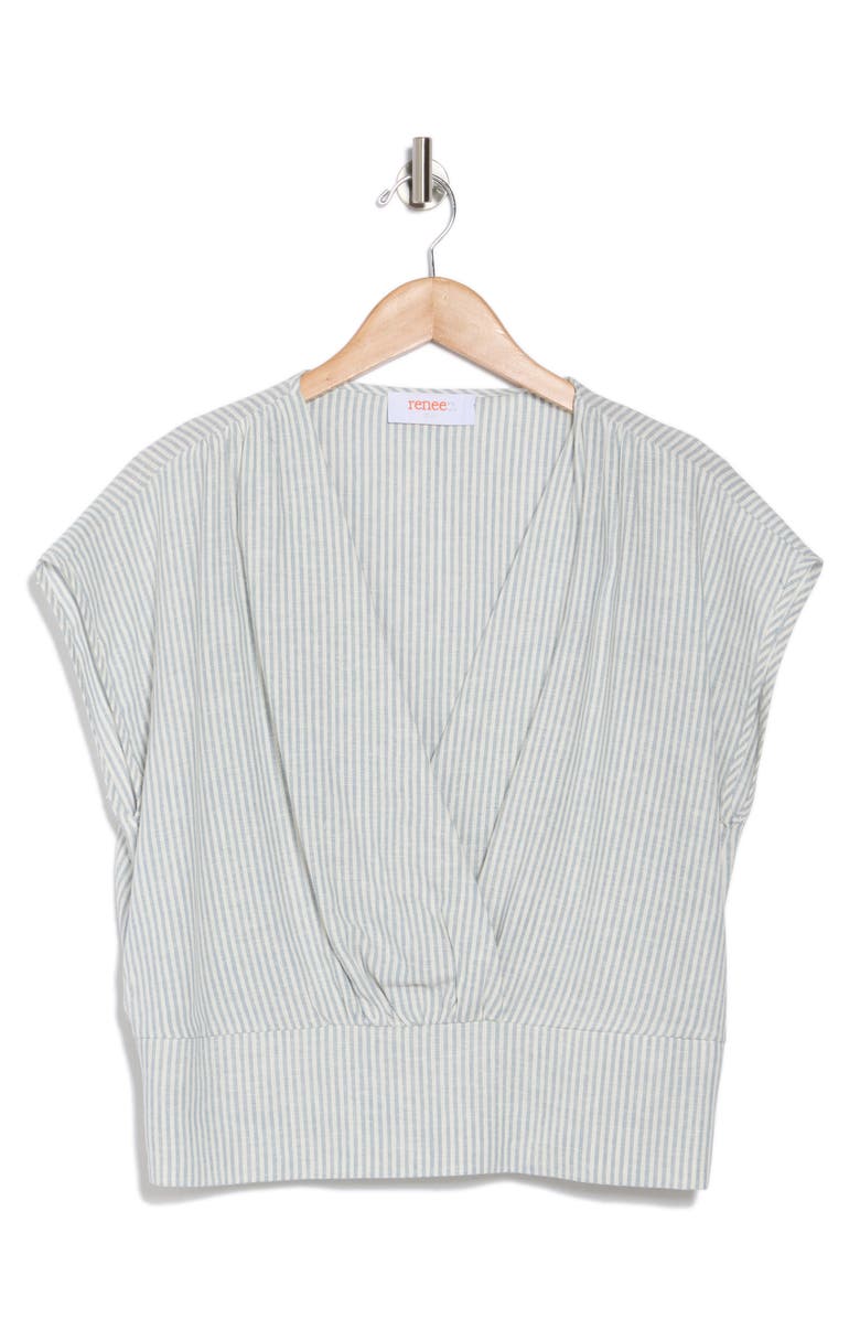 Renee C Stripe Cap Sleeve Smocked Waist Linen Blend Top, Alternate, color, Blue/ Ivory