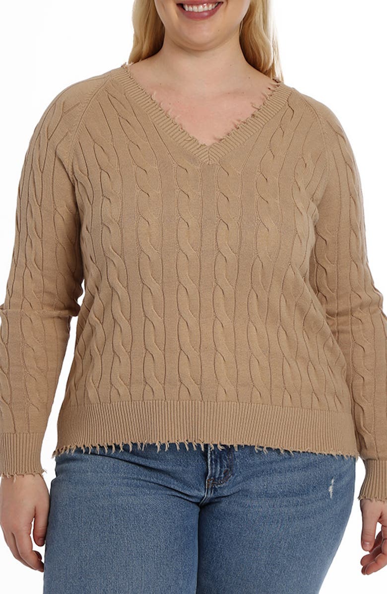MINNIE ROSE Frayed V-Neck Cable Knit Cotton Sweater, Main, color, Brown Sugar