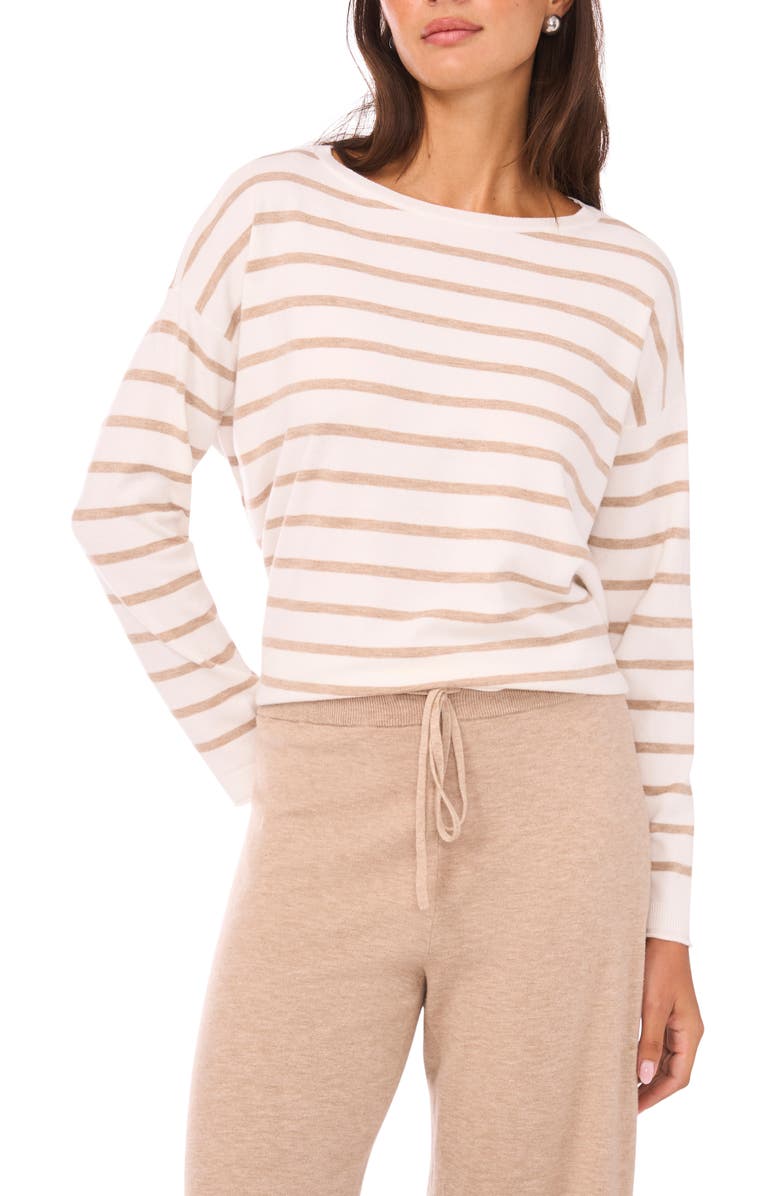 Vince Camuto Stripe Rolled Edge Sweater, Main, color, Antique White/ Warm Oat Hthr