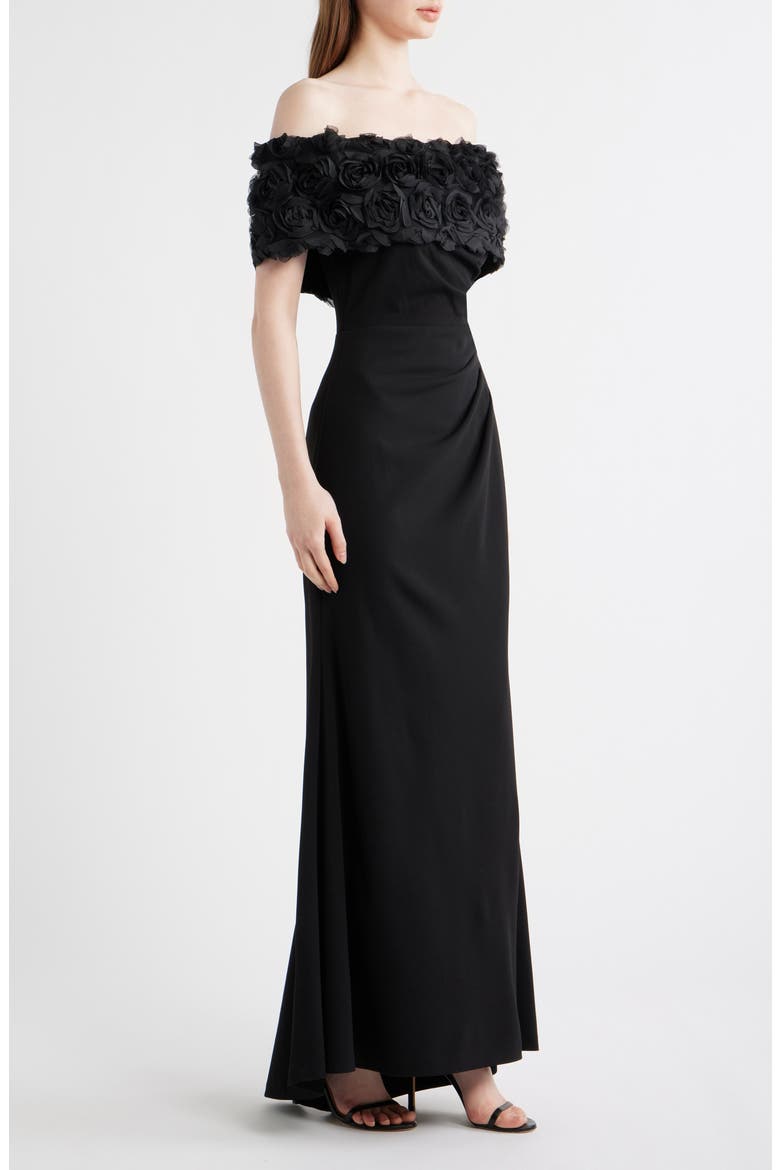 Rosette Detail Off the Shoulder Gown, Alternate, color, BLACK