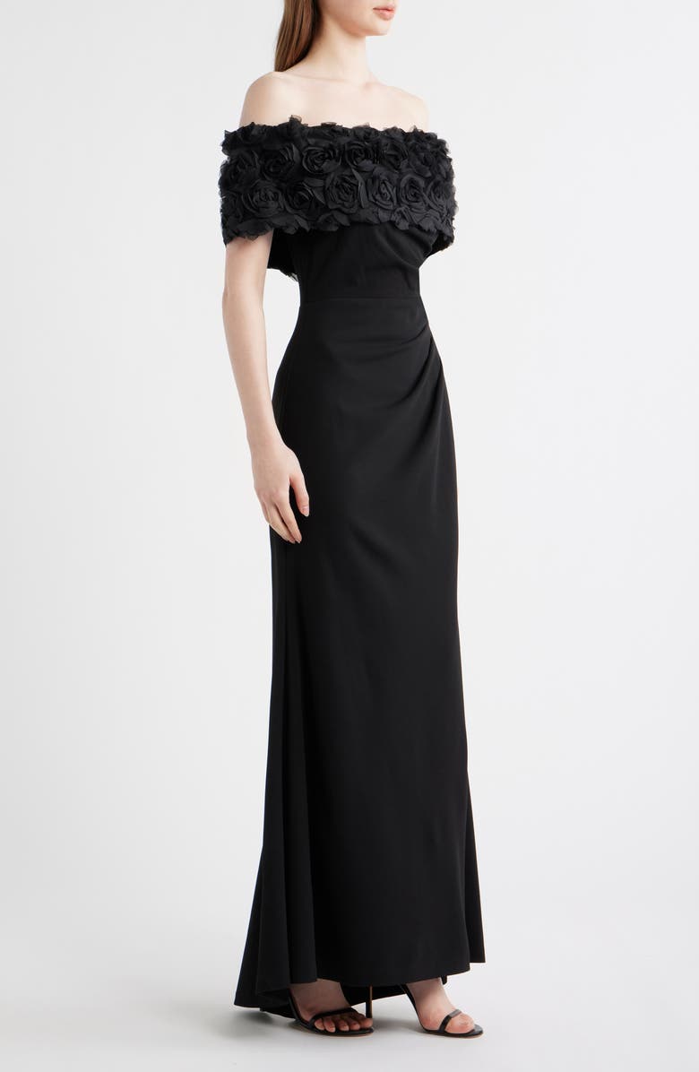 Eliza J Rosette Detail Off the Shoulder Gown, Alternate, color, Black
