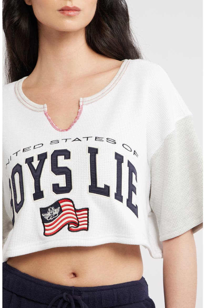 United States of Boys Lie Graphic Thermal Crop Top, Alternate, color, WHITE