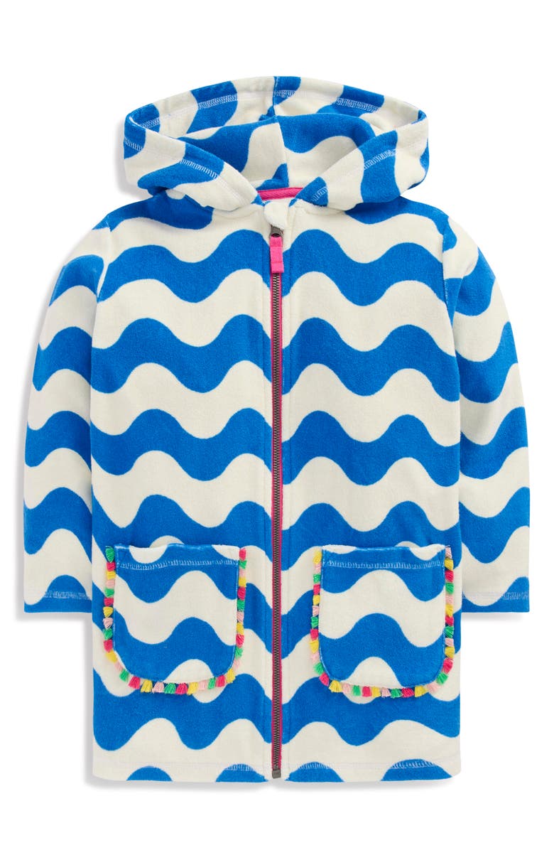 Mini Boden Kids' Romie Terry Hooded Cover-Up Dress, Main, color, Ivory And Blue Wave