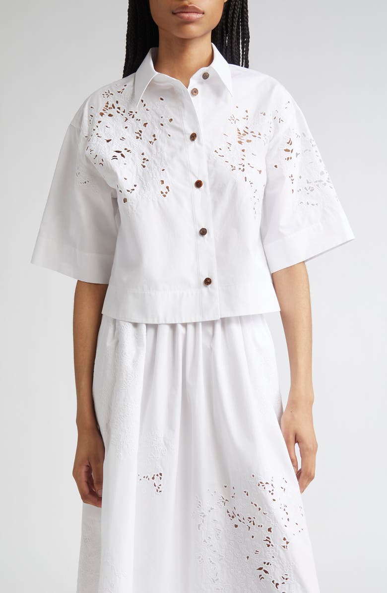 Lafayette 148 New York Eyelet Organic Cotton Poplin Crop Button-Up Shirt, Main, color, White