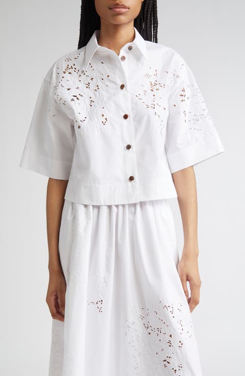Eyelet Organic Cotton Poplin Crop Button-Up Shirt