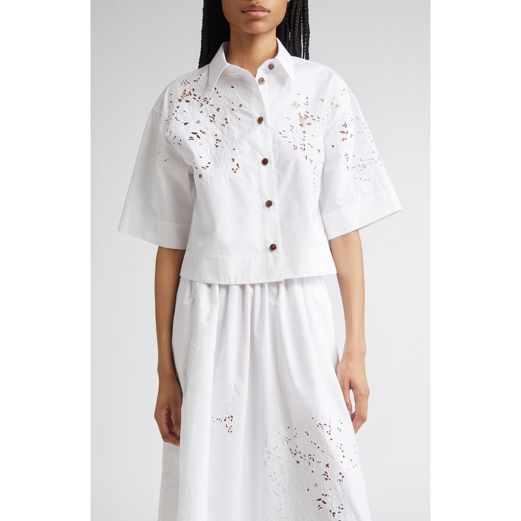 Lafayette 148 New York Eyelet Organic Cotton Poplin Crop Button-up Shirt In White