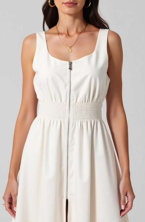 Modenaire Sleeveless Midi Dress With Smocked Waist And Front Zip In White