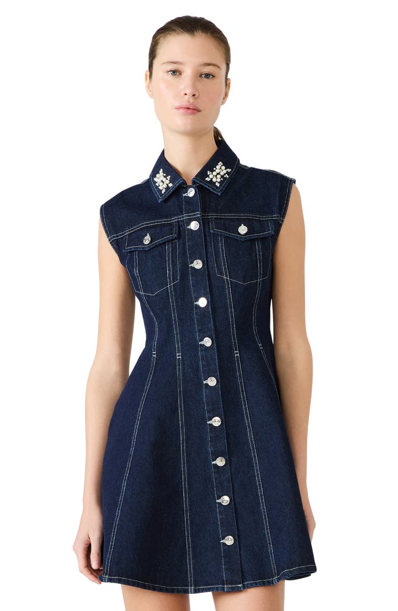 Steve Madden Carmelia Faux Pearl & Rhinestone Detail Denim Minidress, Alternate, color, Bijou Blue
