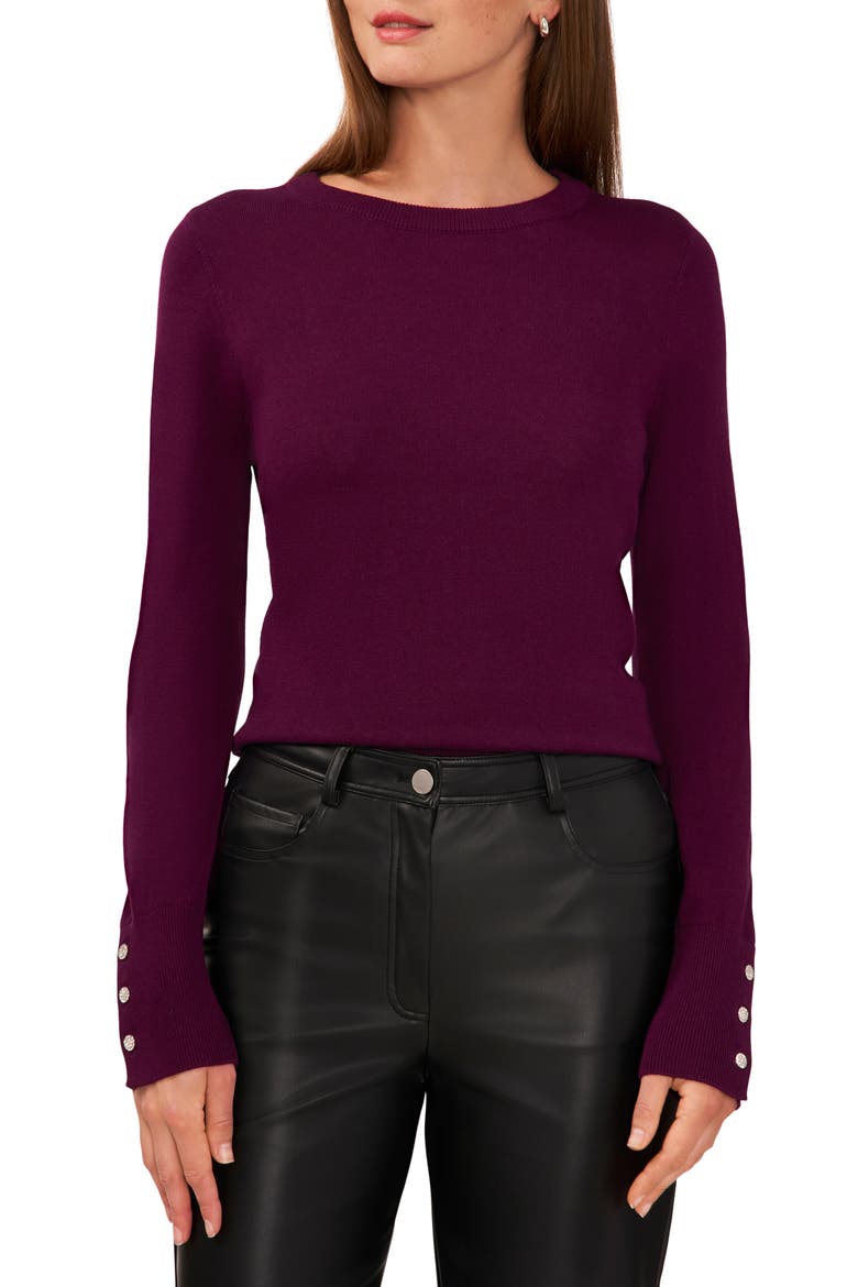 Button Cuff Cotton Blend Sweater, Main, color, DEEP RUBY