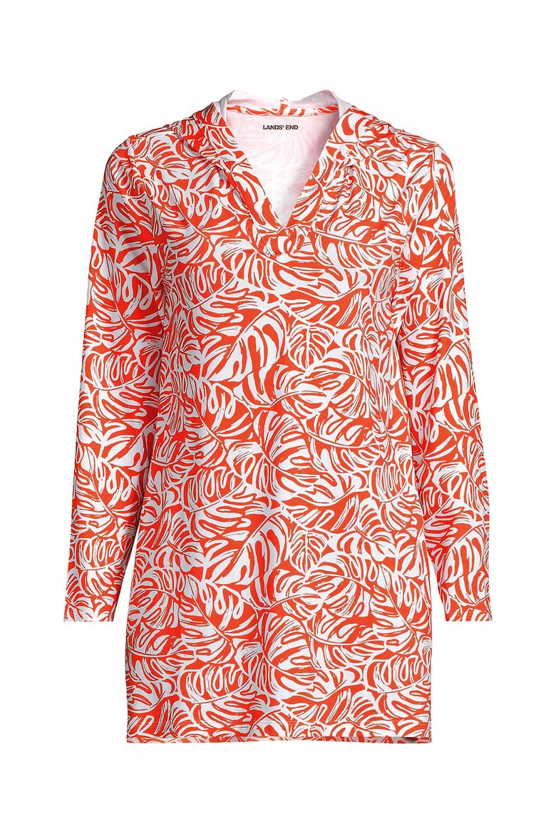Cotton Jersey Long Sleeve Hooded Swim Cover-up Dress, Alternate, color, Orange Mini Tropic Leaves