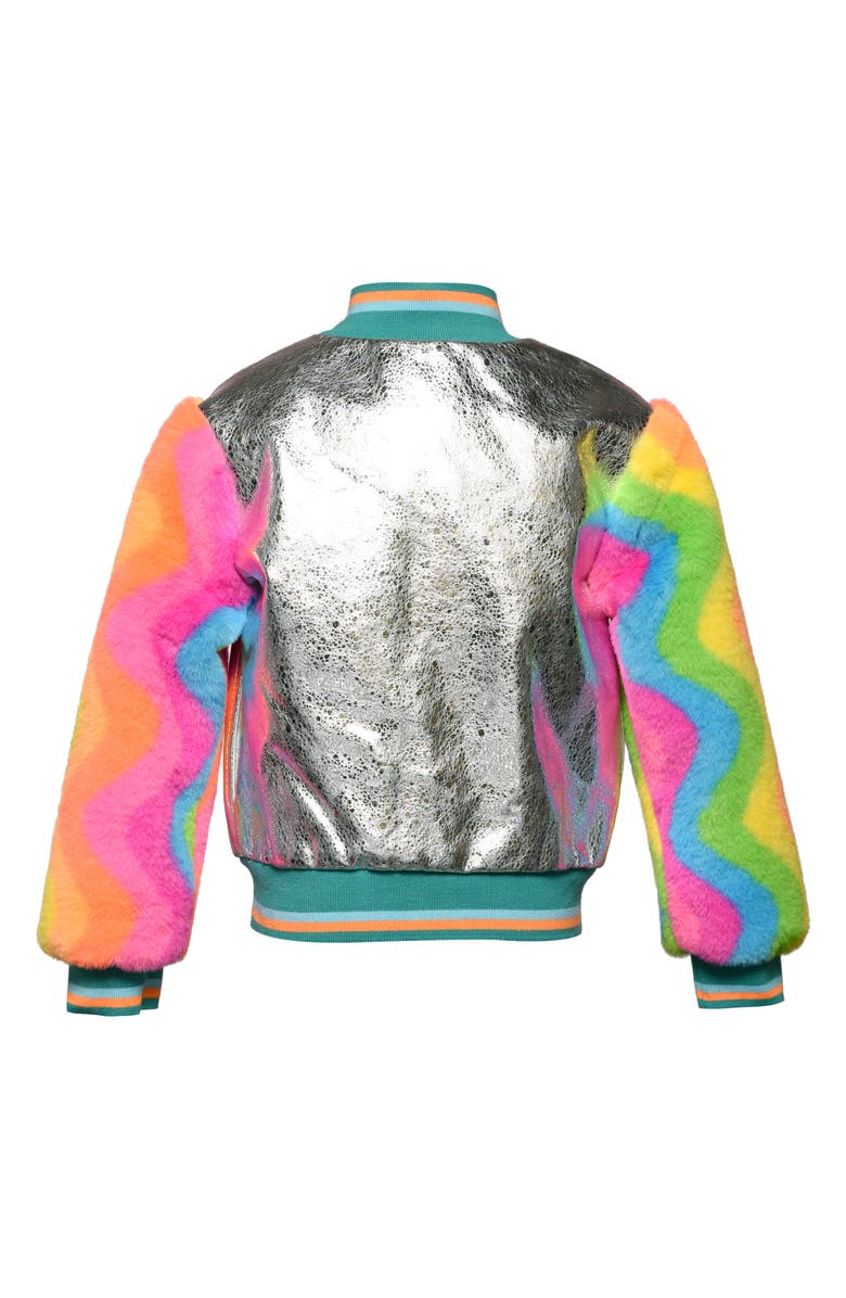 Truly Me Kid's Happy Face Embellished Faux Fur Fleece & Metallic Bomber Jacket, Alternate, color, 