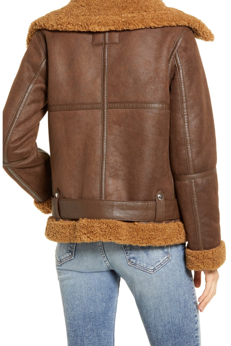 Faux Shearling Moto Jacket, Alternate, color, BROWN