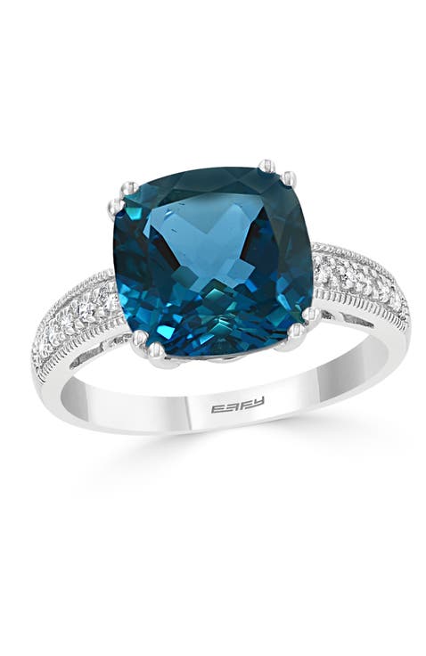 14K White Gold Diamond & London Blue Topaz Cushion Ring