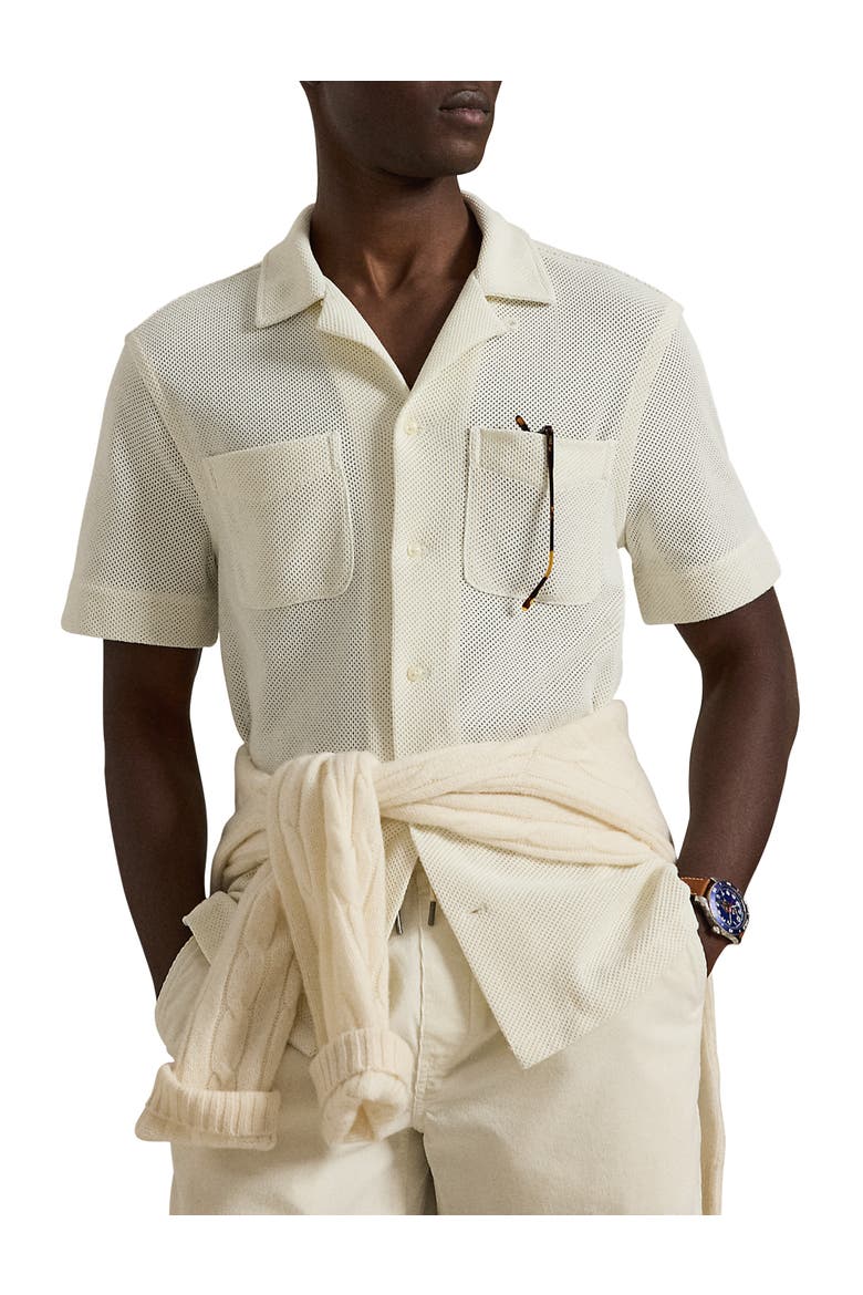 Big & Tall Pointelle Button-Down Polo Shirt, Main, color, PALE CREAM