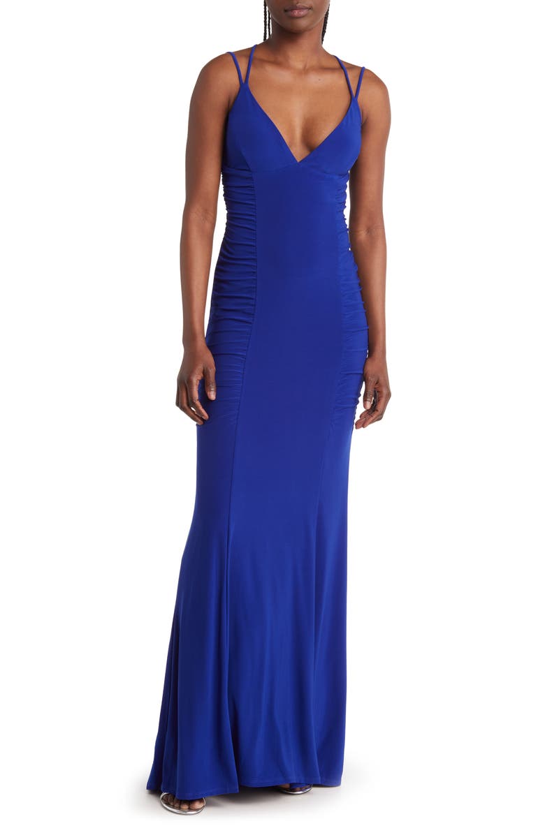 Jump Apparel Ruched Lace-Up Jersey Column Gown, Main, color, 