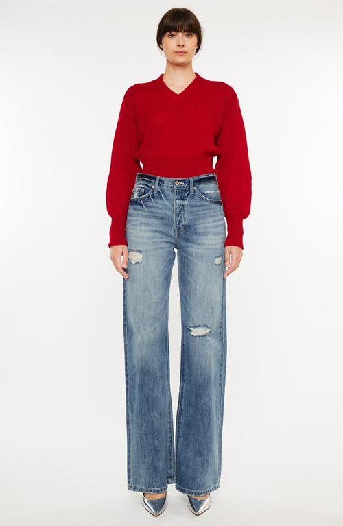 Kancan Ultra High Rise 90's Flare Jean In Medium Wash In Blue