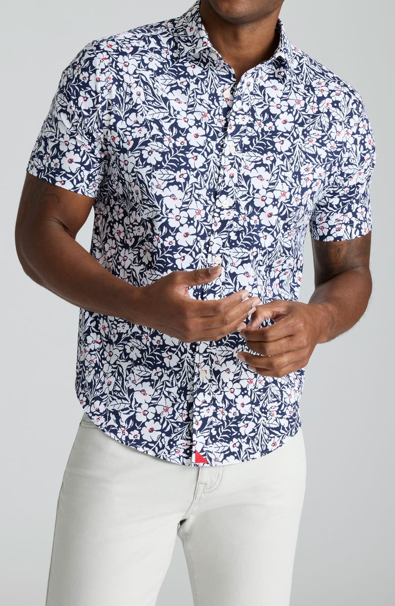 UNTUCKit Connor Floral Short Sleeve Performance Button-Up Shirt, Main, color, Navy White