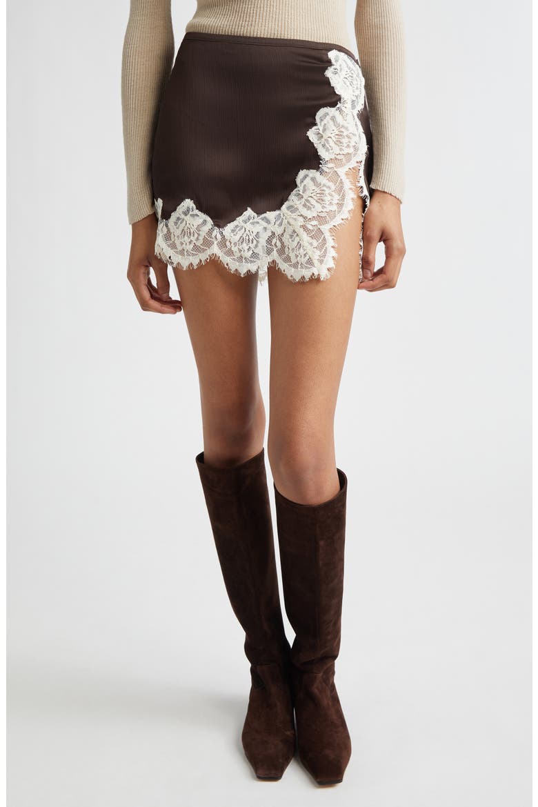 Niera Lace Trim Satin Miniskirt, Main, color, DARK BROWN/ WHITE