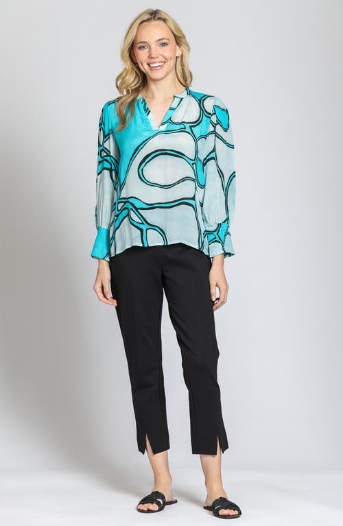 Apny Print Smocked Cuff Top In Turquoise Multi