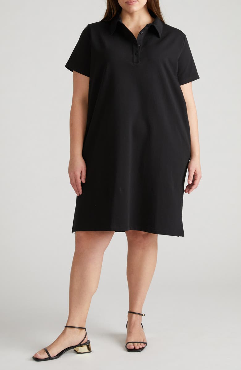 Universal Standard Varsity Short Sleeve French Terry Polo Dress, Main, color, Black