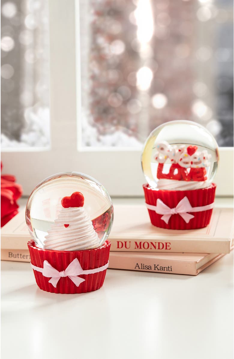 Glitzhome 3.25"H Set of 2 65MM Valentine's Resin Cupcakes Waterglobes, Alternate, color, Red