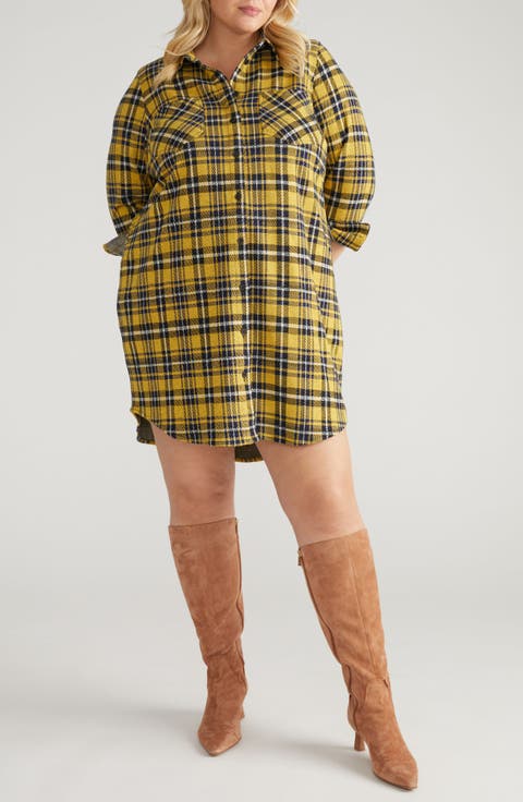 Long Sleeve Check Flannel Shirtdress (Plus)