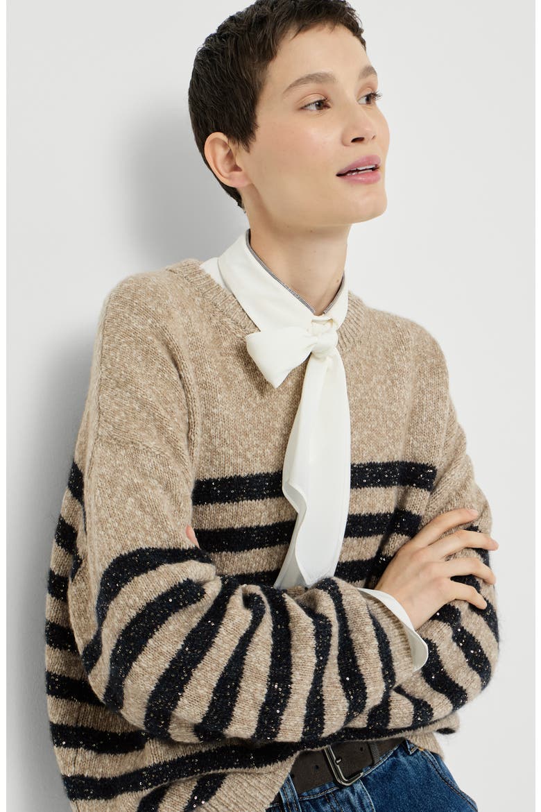 Mouliné soft virgin wool and cashmere sweater with dazzling stripes, Alternate, color, Beige