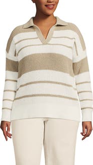 Lands' End Plus Size Cotton Boucle Johnny Collar Textured Sweater