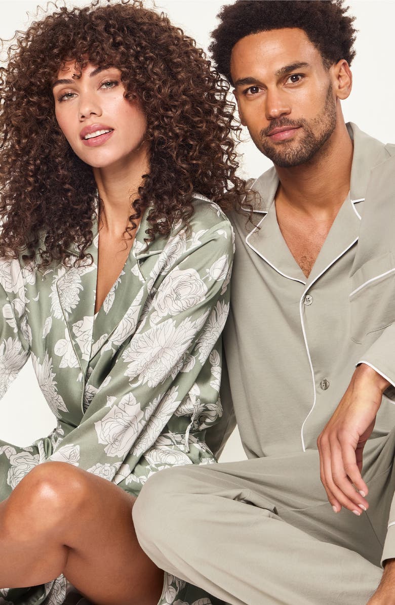 Petite Plume Floral Mulberry Silk Robe, Alternate, color, Green