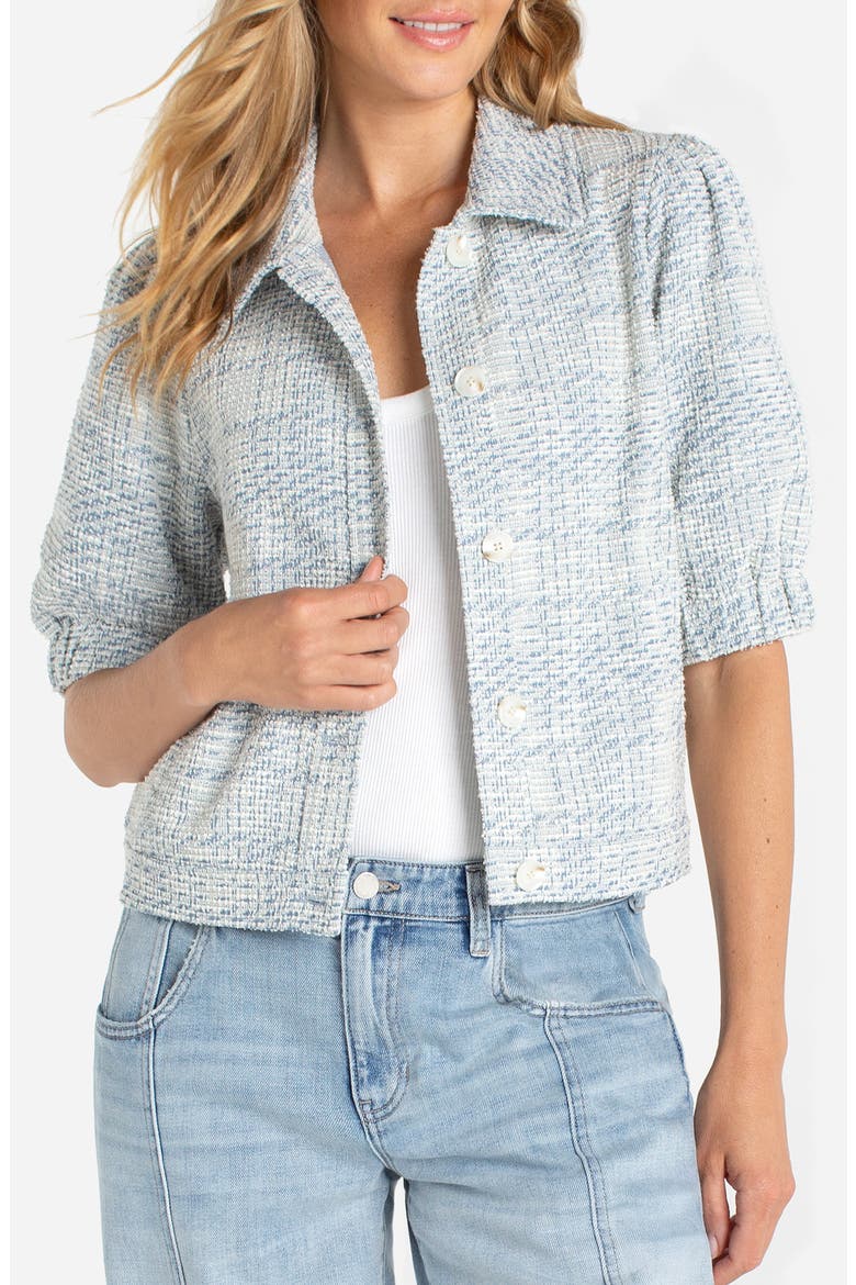 Short Puff Sleeve Tweed Jacket, Main, color, CREAM BLUE PLAID