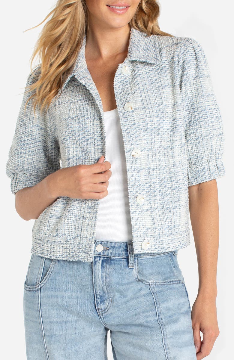 Liverpool Los Angeles Short Puff Sleeve Tweed Jacket, Main, color, Cream Blue Plaid