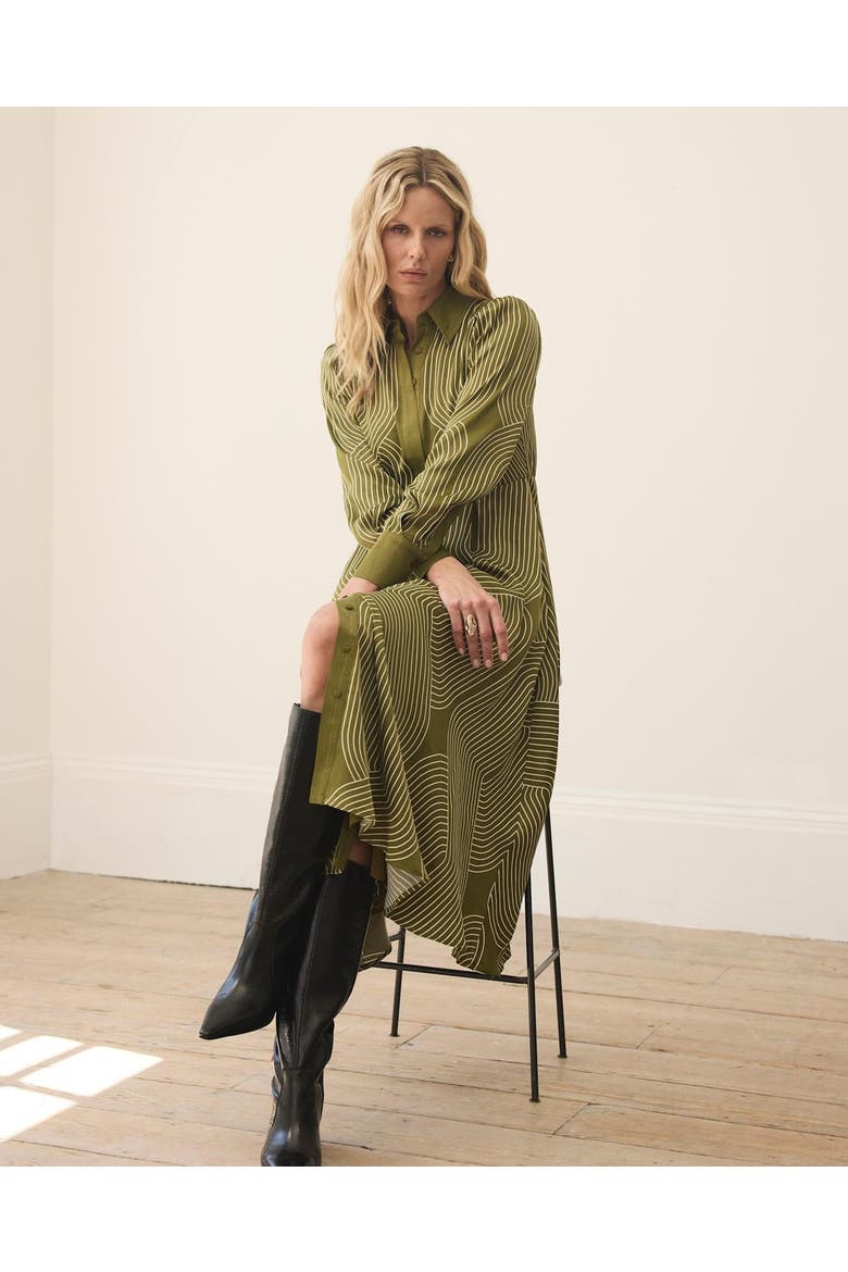Satin Printed Midi Shirt Dress, Alternate, color, Green