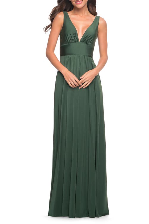 La Femme Empire Waist Gown With Deep V Neckline