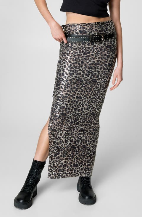 Leopard Sequin Side Slit Maxi Skirt
