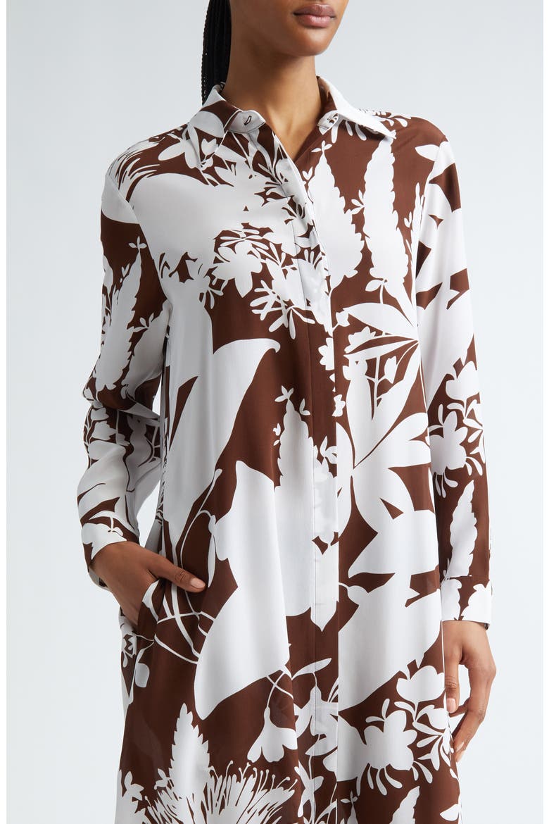 Shadow Floral Print Long Sleeve Silk Crêpe de Chine Shirtdress, Alternate, color, NUTMEG/ OPTIC WHITE