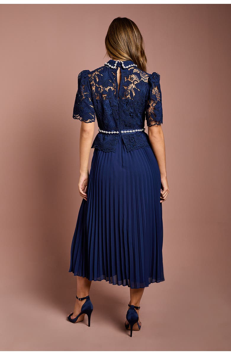 Coast Lace Top Pleat Skirt Jewel Button Dress, Alternate, color, Navy