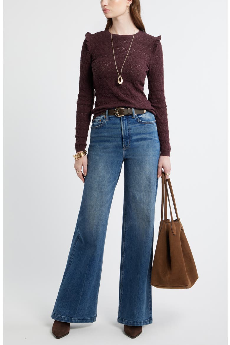 Ruffle Trim Pointelle Stitch Cotton Blend Sweater, Alternate, color, BURGUNDY FUDGE