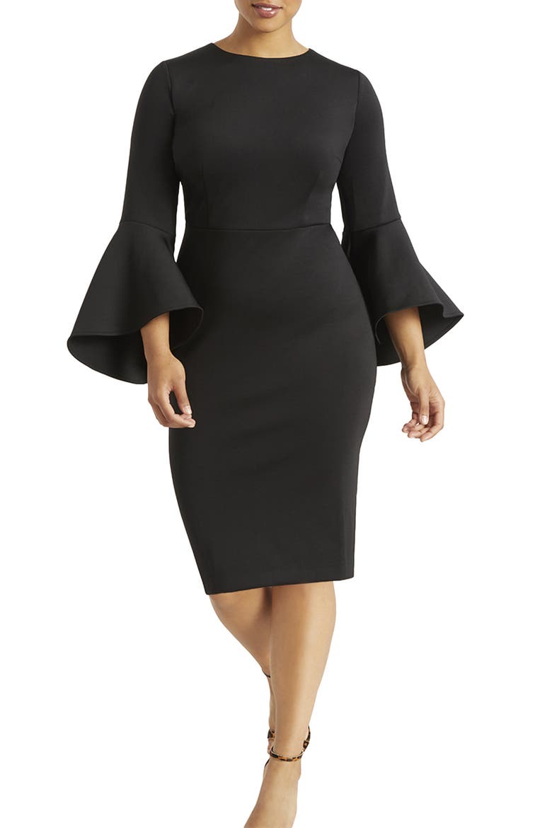 Bell Sleeve Scuba Crepe Dress, Main, color, BLACK