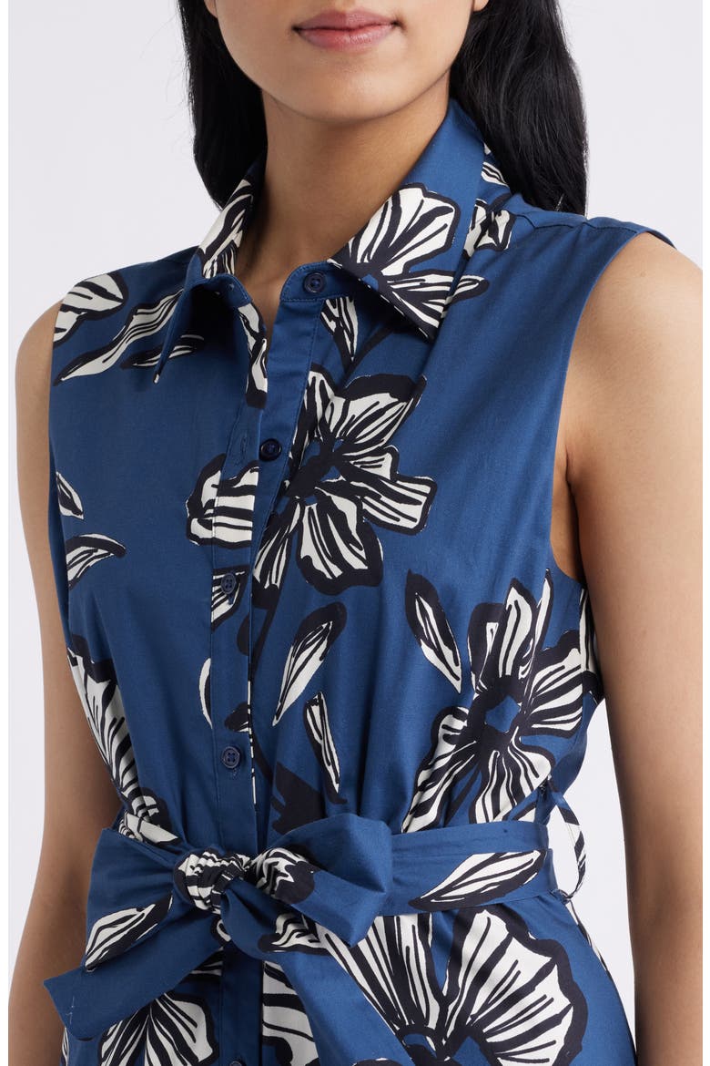 Floral Tie Belt Cotton Midi Shirtdress, Alternate, color, NAVY
