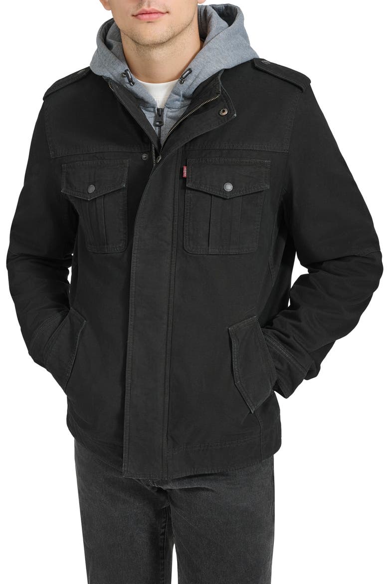 Washed Cotton Faux Shearling Lined Hooded Military Jacket (Men