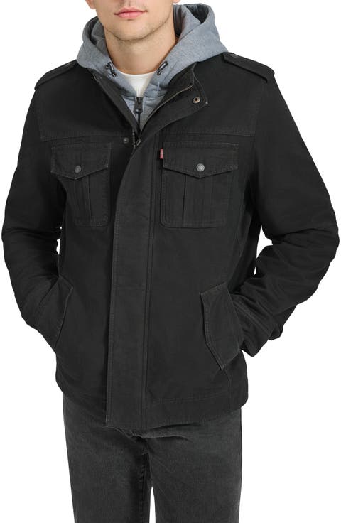 Washed Cotton Faux Shearling Lined Hooded Military Jacket