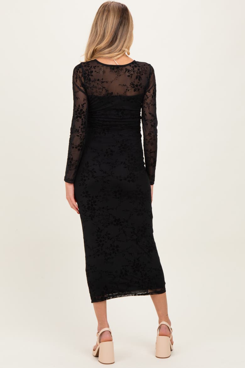 Floral Flocked Mesh Long Sleeve Midi Dress, Alternate, color, Black