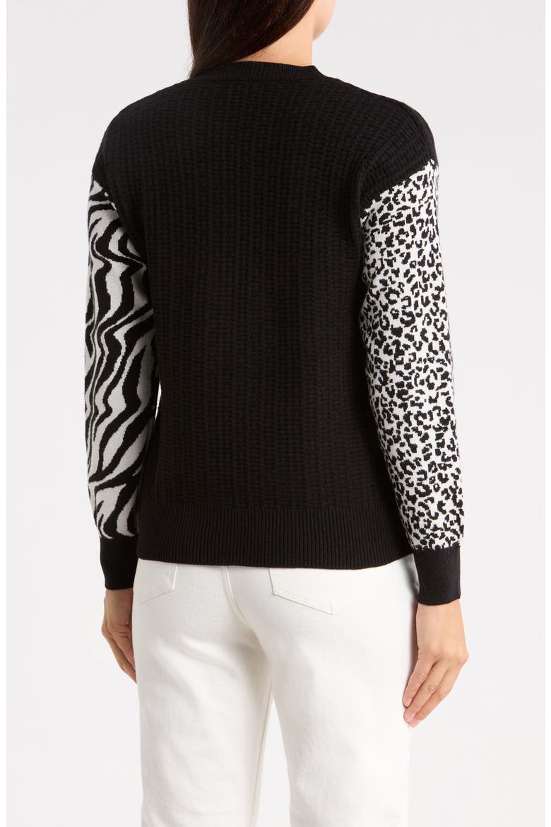 Animal Pattern Sleeve Crewneck Sweater, Alternate, color, BLACK