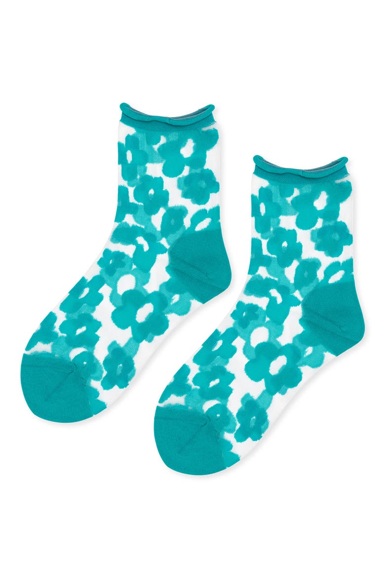 Poppy Flower Sheer Crew Socks, Main, color, SEA GREEN
