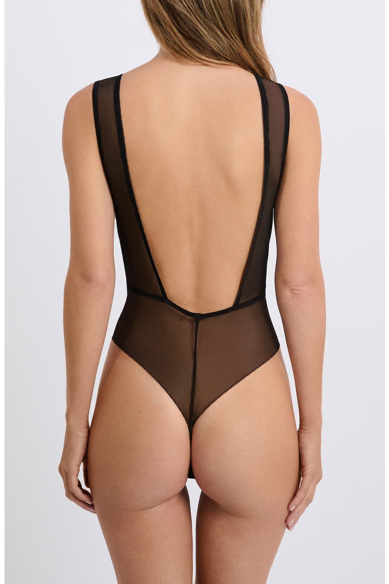 Luxuriante Low Back Lace Bodysuit, Alternate, color, BLACK