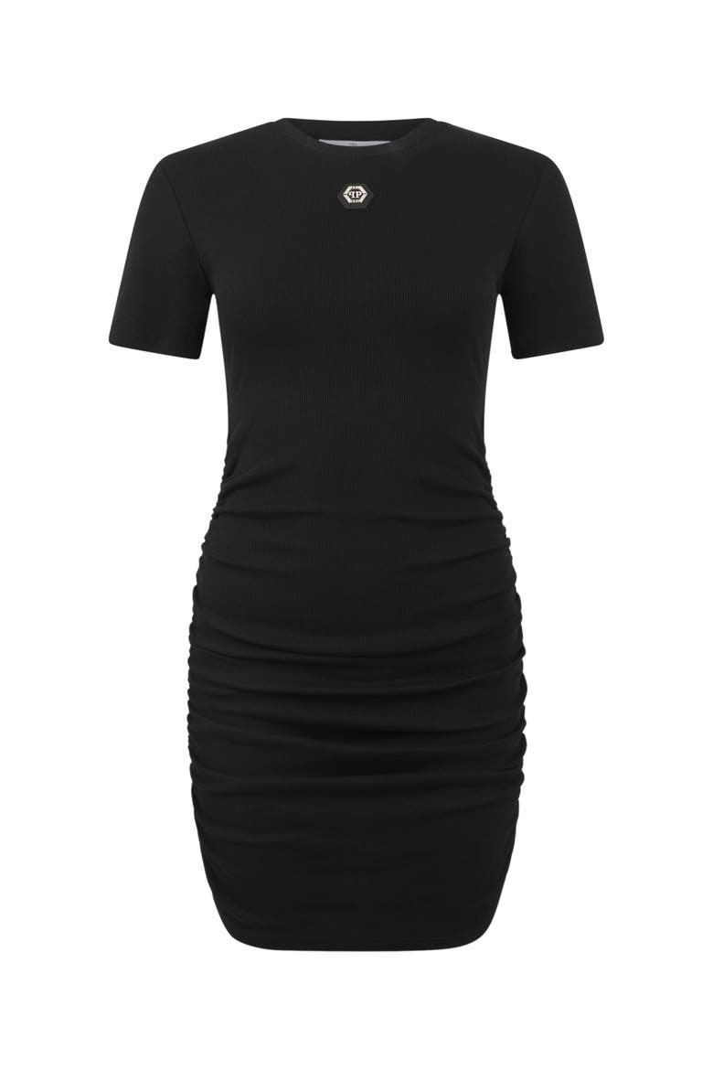 Open Back Mini T-Shirt Dress Signature Pendant Signature Women, Main, color, black
