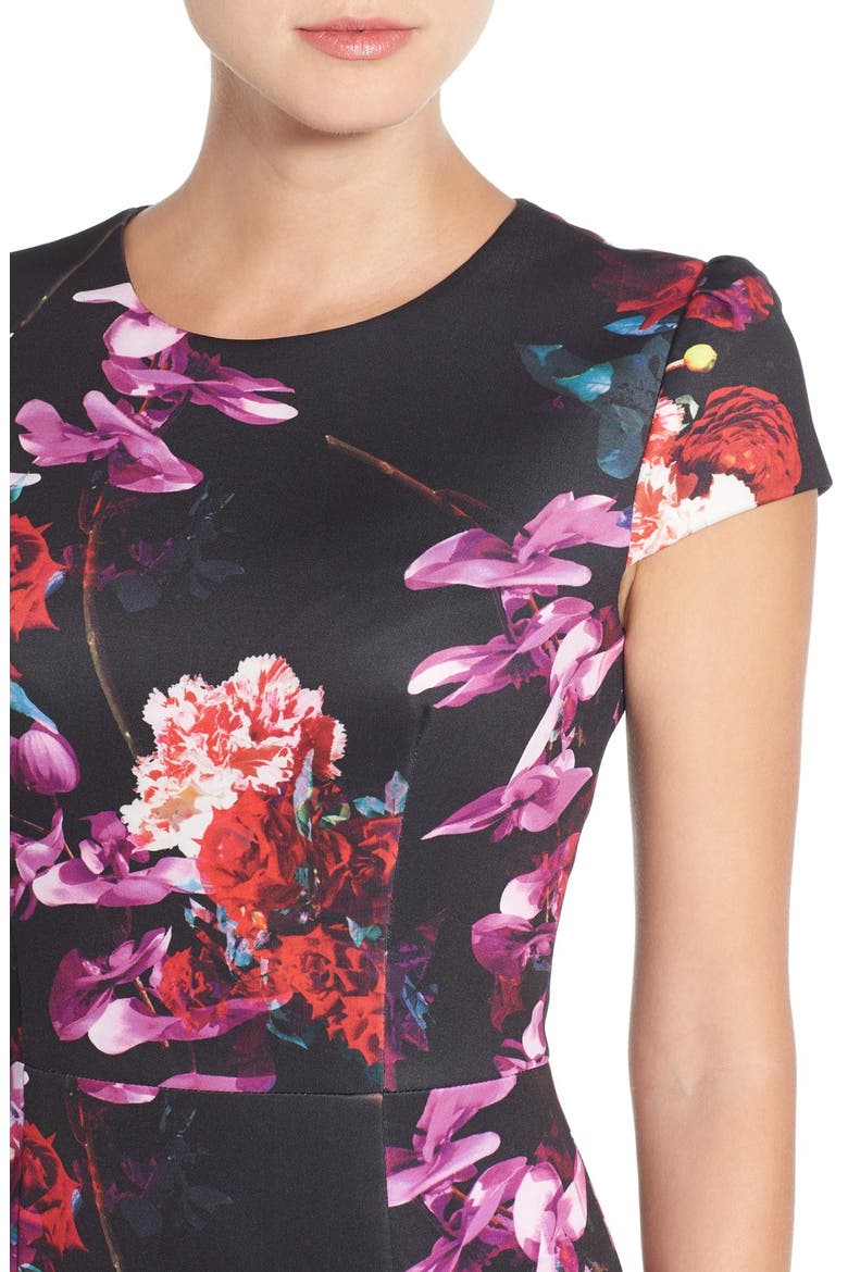 Floral Print Knit Sheath Dress, Alternate, color, BLACK/ PURPLE MULTI