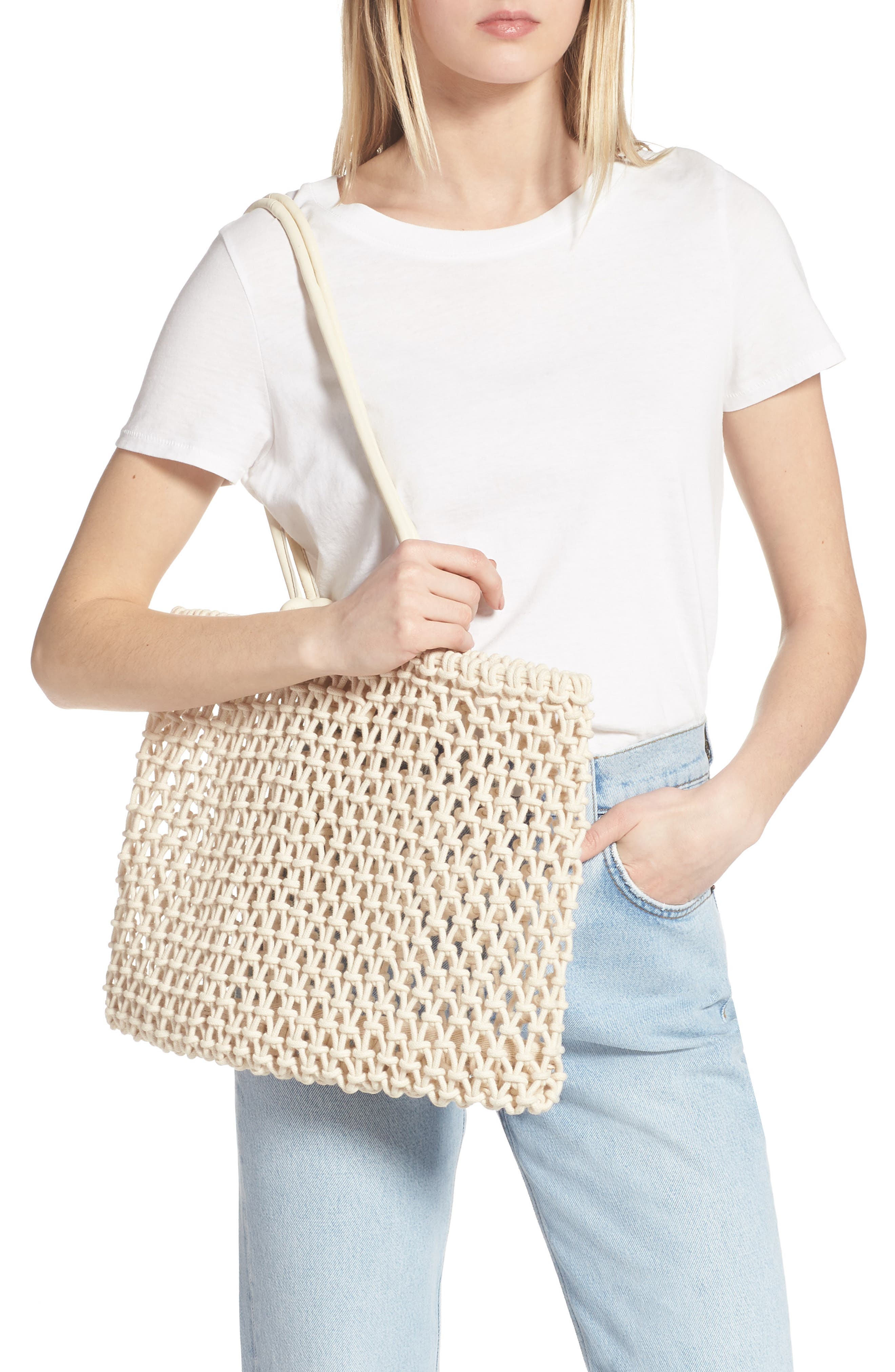 Clare V. Sandy Woven Market Tote, Alternate, color, Natural