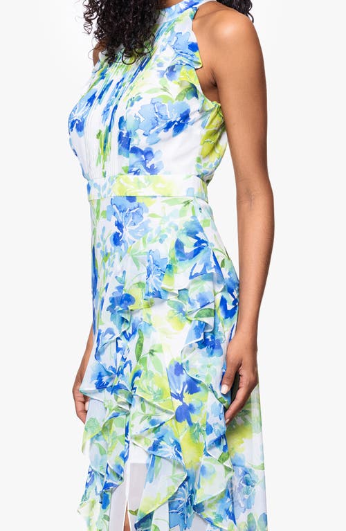 BETSY & ADAM BETSY & ADAM PRINT RUFFLE SLEEVELESS GOWN 